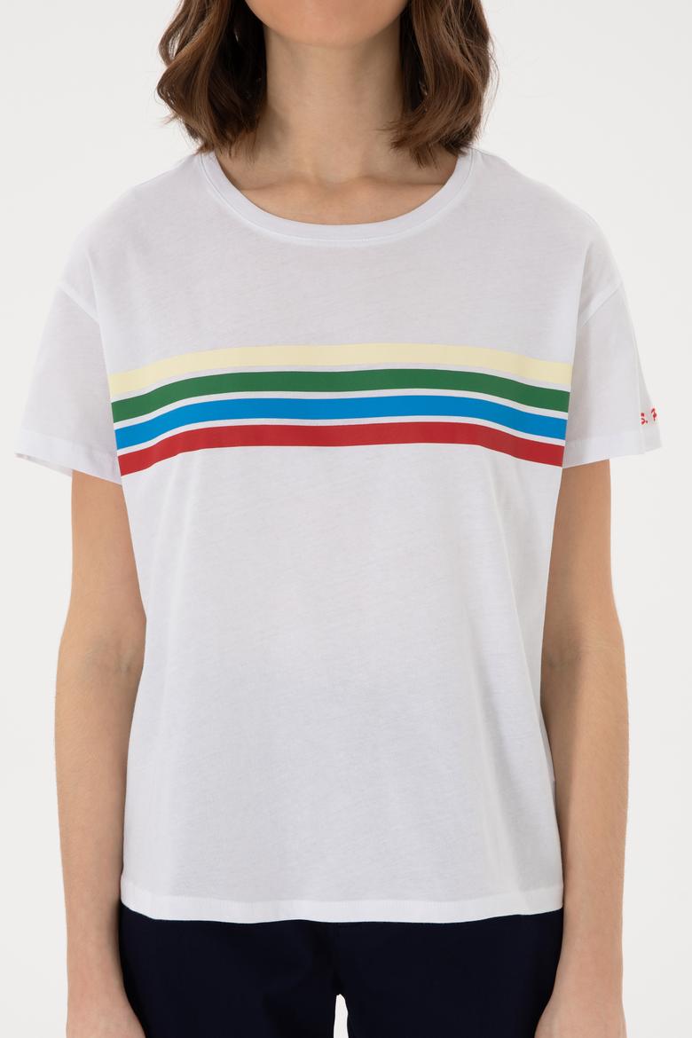 Kadın Beyaz Bisiklet Yaka Tişört - 50308639009