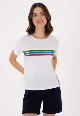 Kadın Beyaz Bisiklet Yaka Tişört - 50308639009