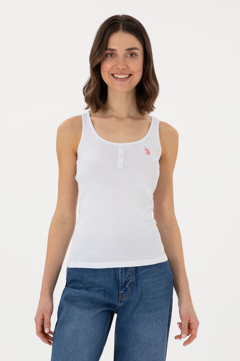 Kadın Beyaz Kolsuz Bisiklet Yaka Basic Tişört