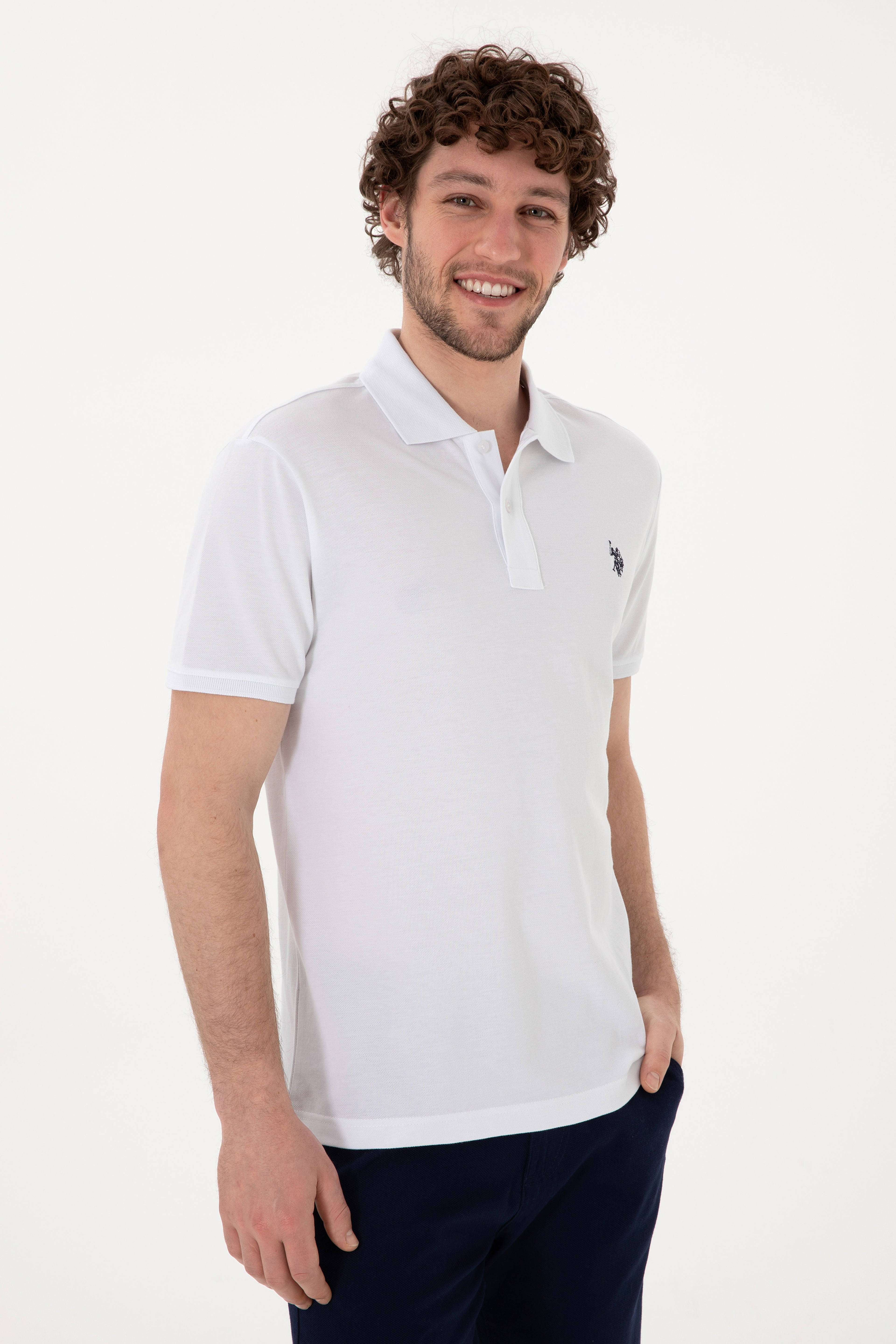 Erkek Slim Fit Polo Yaka Beyaz Basic Tişört - Image 3