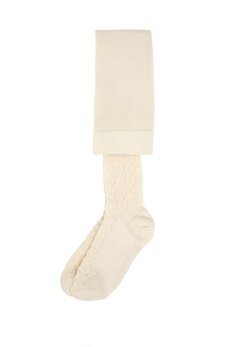Kız Çocuk Ekru Zincir Örgü Dokulu Külotlu Çorap