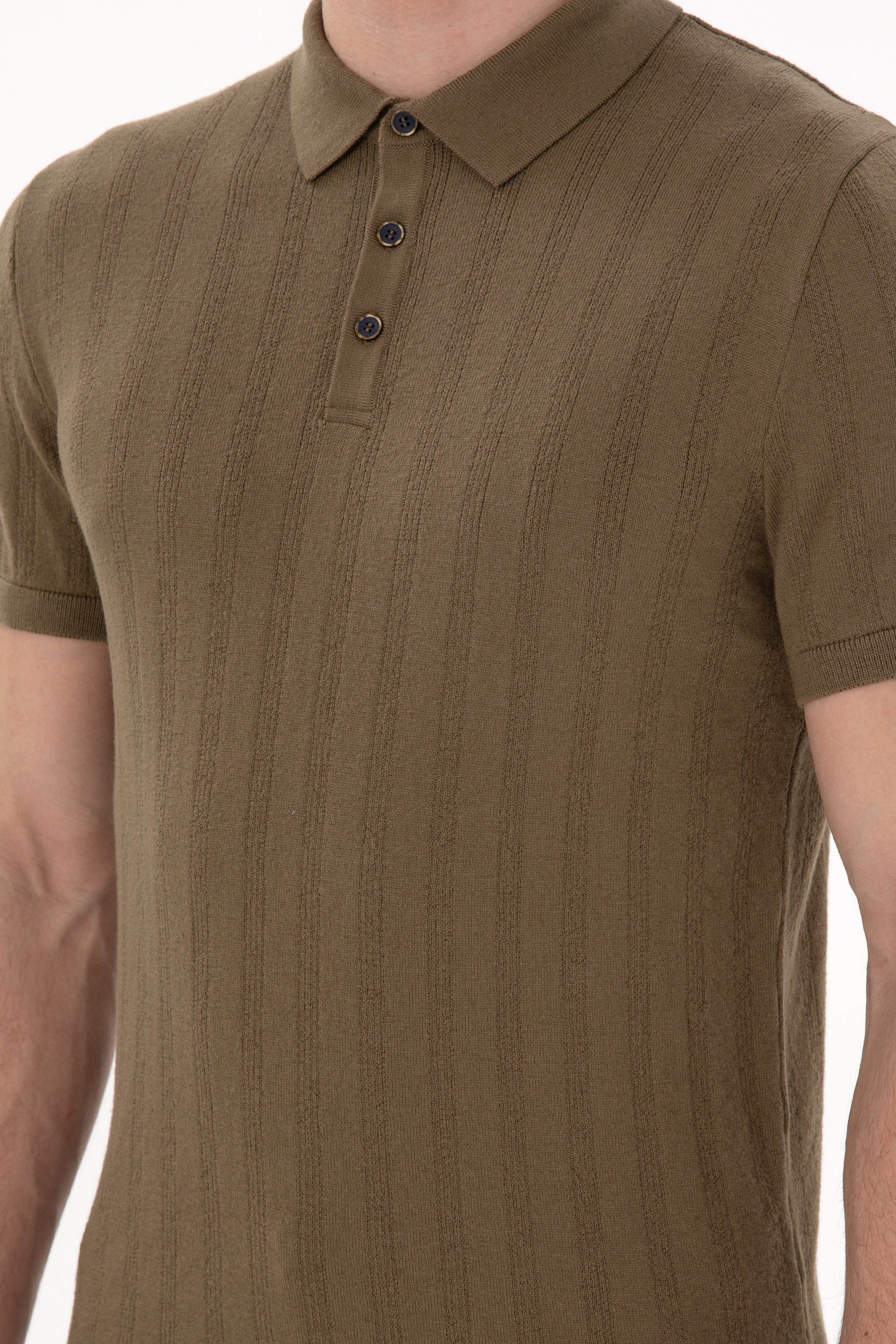 Erkek Slim Fit Polo Yaka Haki Triko Tişört