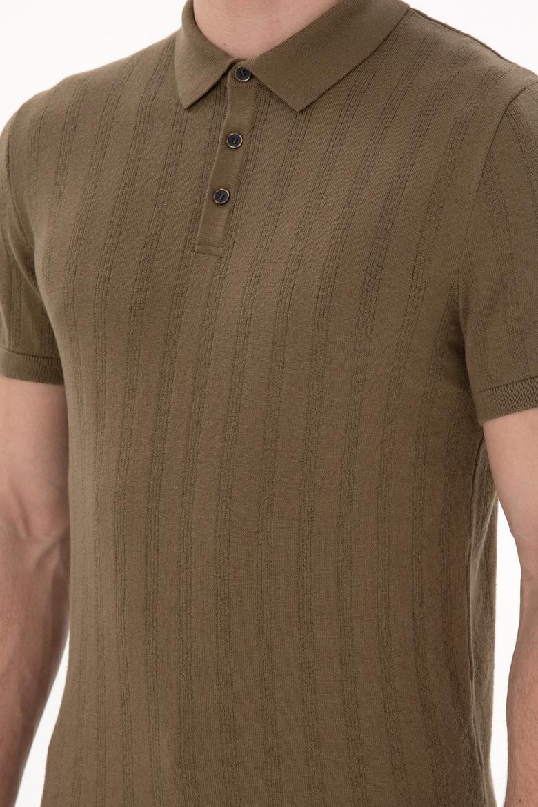 Erkek Slim Fit Polo Yaka Haki Triko Tişört - 50306474001