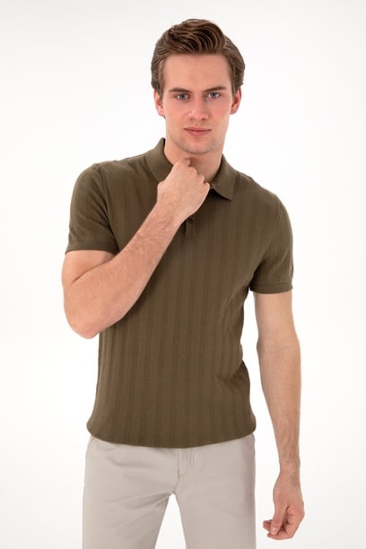 Erkek Slim Fit Polo Yaka Haki Triko Tişört