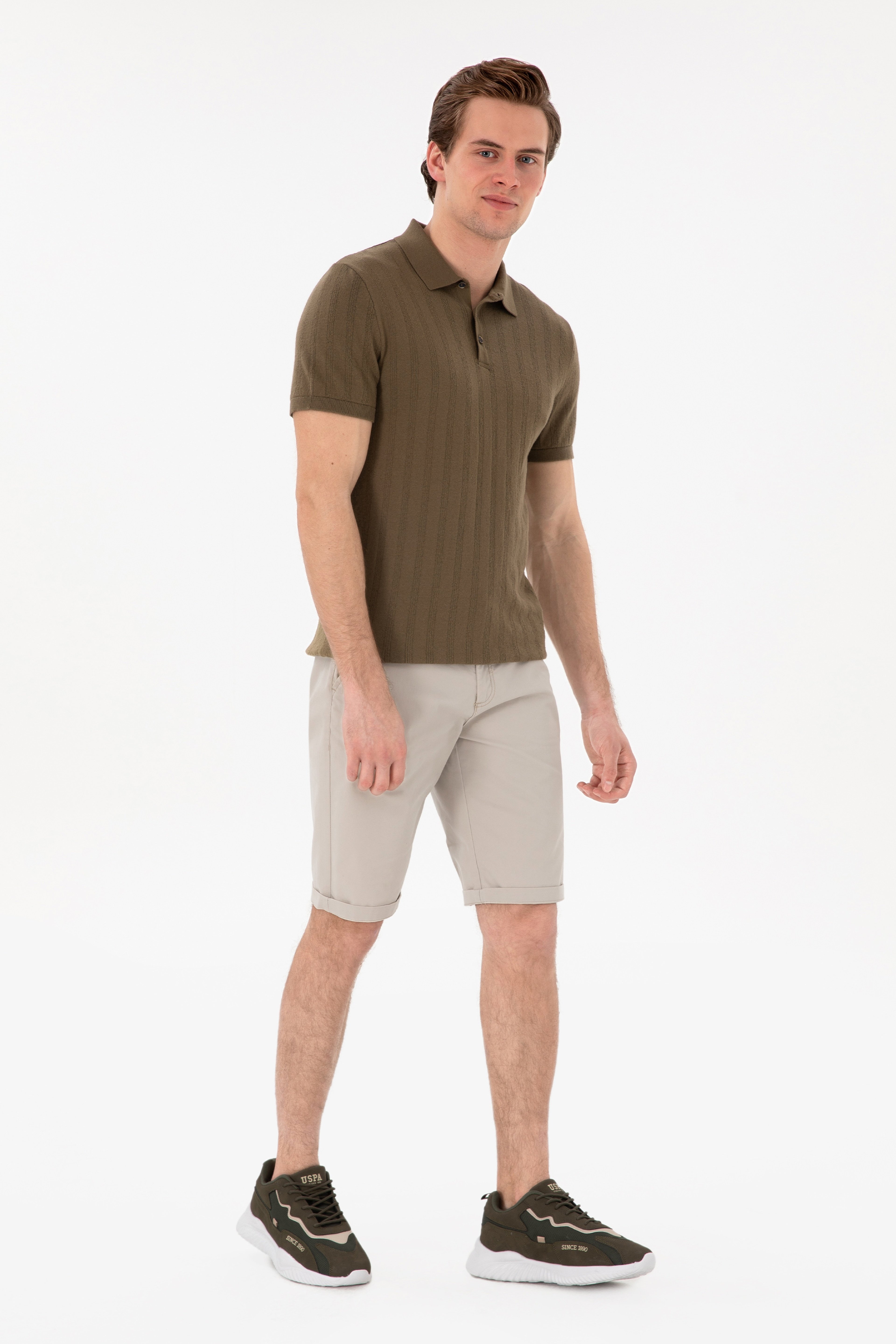 Erkek Slim Fit Polo Yaka Haki Triko Tişört