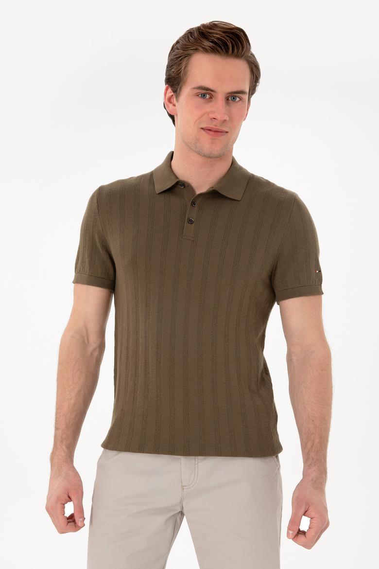 Erkek Slim Fit Polo Yaka Haki Triko Tişört