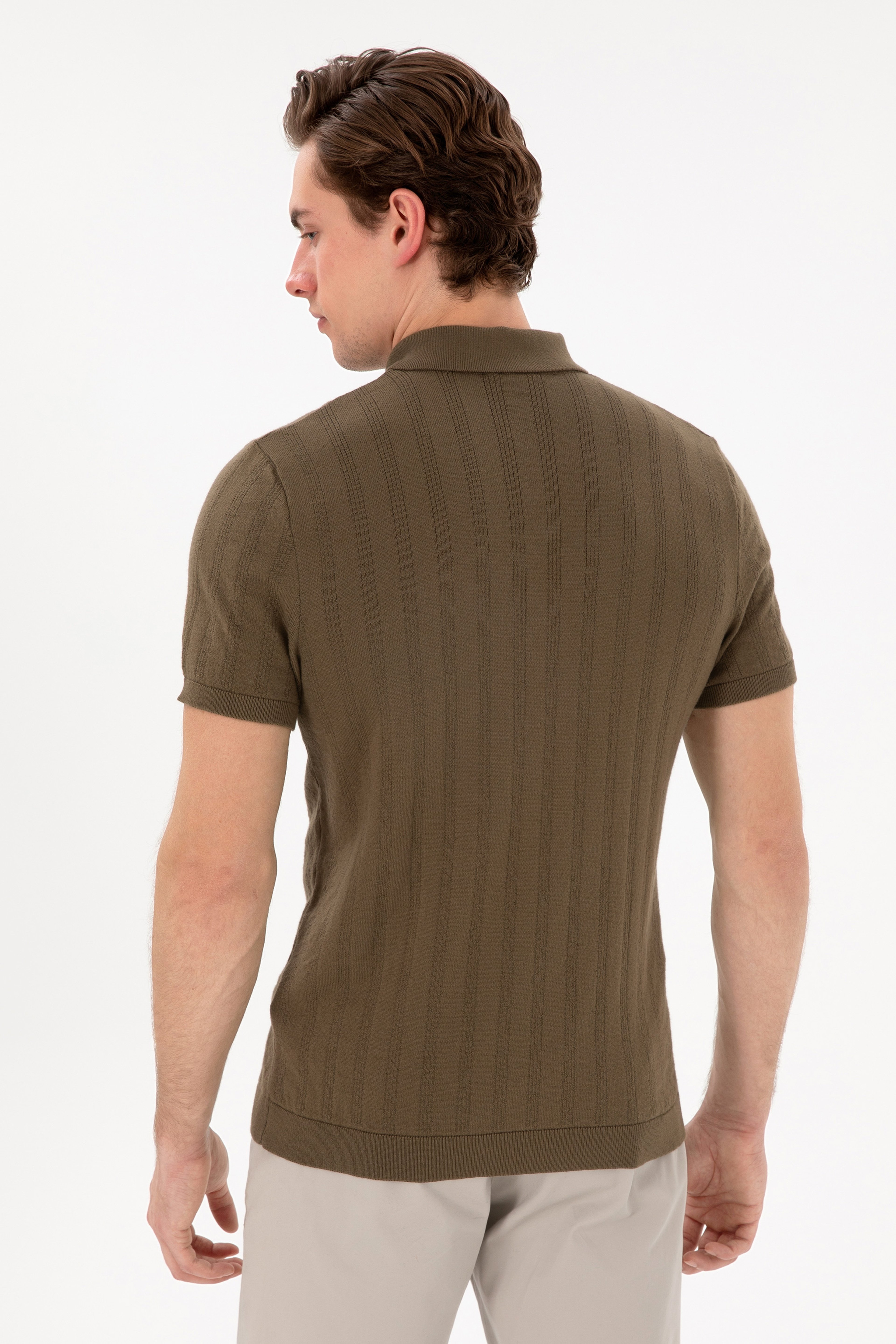 Erkek Slim Fit Polo Yaka Haki Triko Tişört