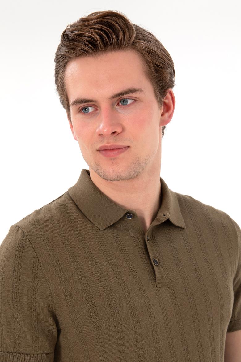 Erkek Slim Fit Polo Yaka Haki Triko Tişört - 50306474001