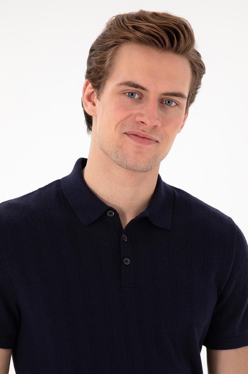 Erkek Slim Fit Polo Yaka Lacivert Triko Tişört