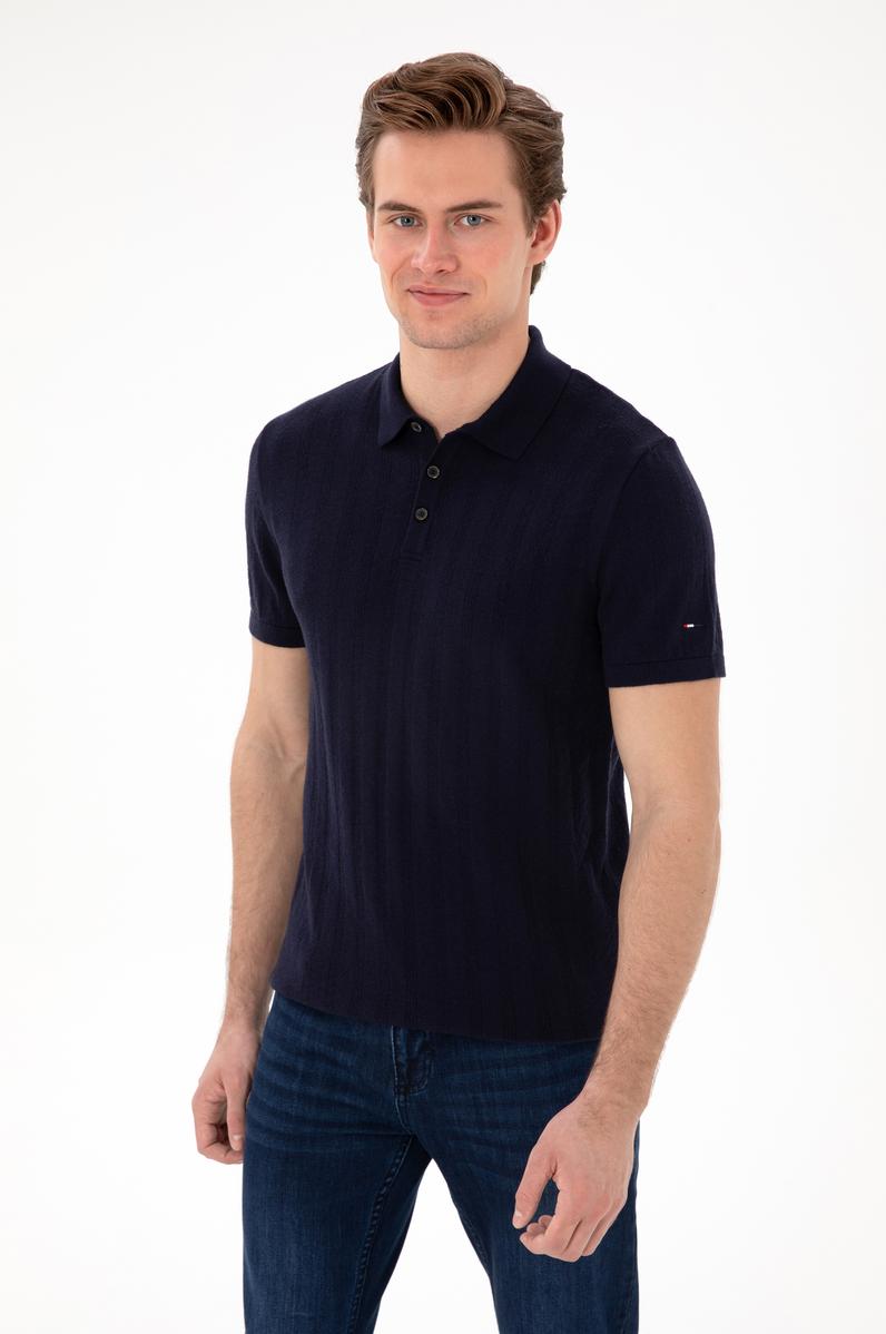 Erkek Slim Fit Polo Yaka Lacivert Triko Tişört