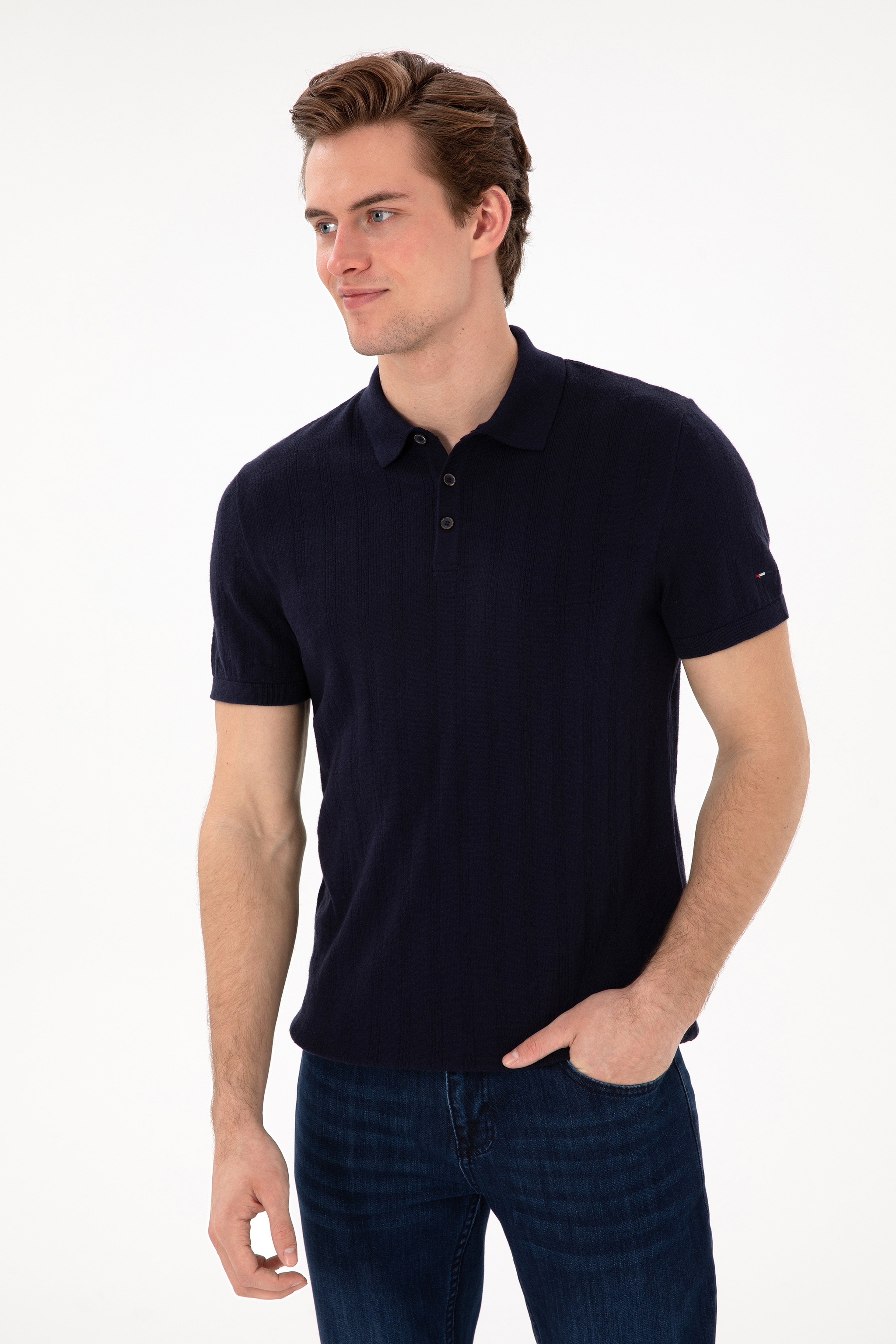 Erkek Slim Fit Polo Yaka Lacivert Triko Tişört - Image 3