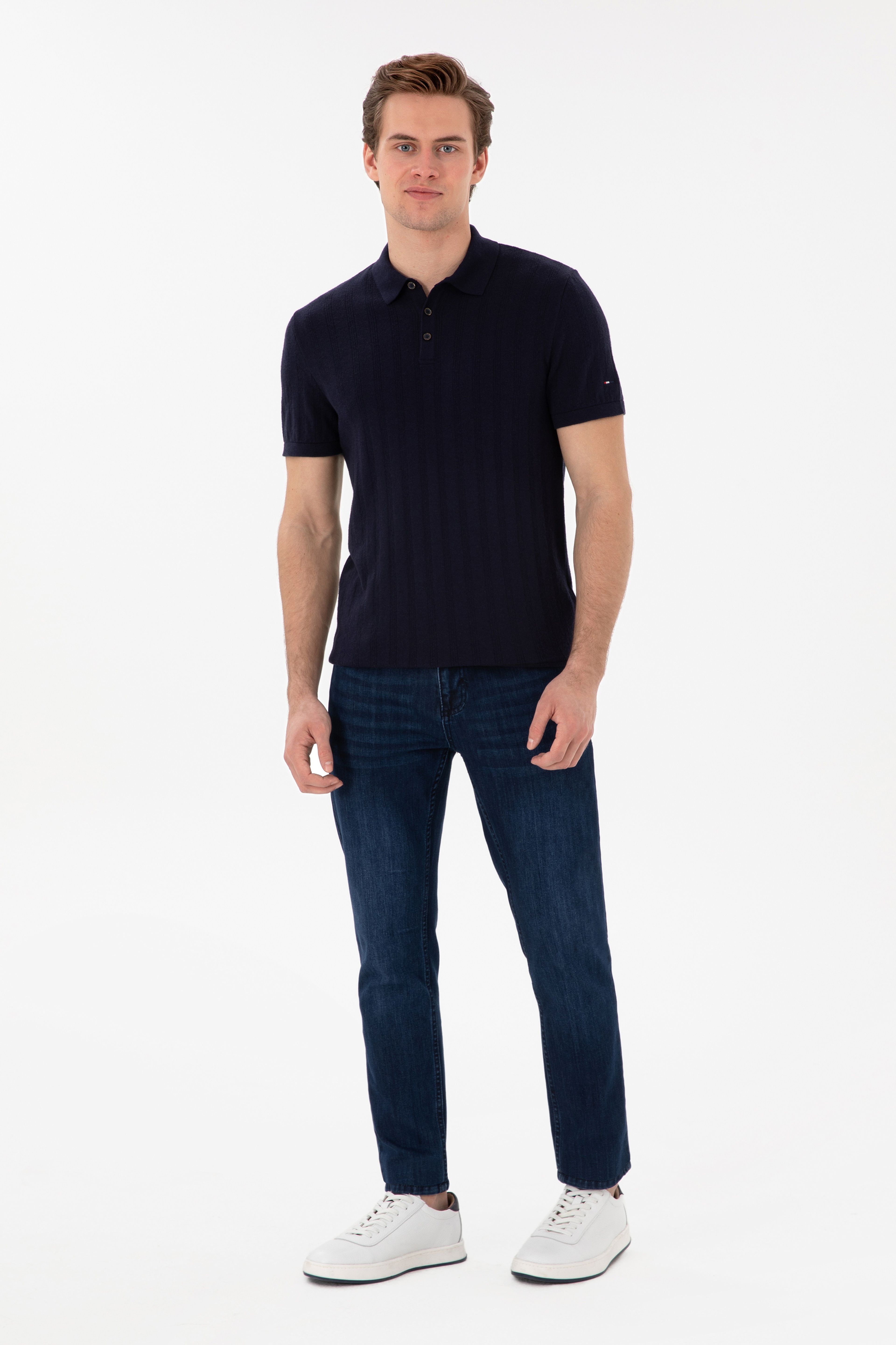 Erkek Slim Fit Polo Yaka Lacivert Triko Tişört