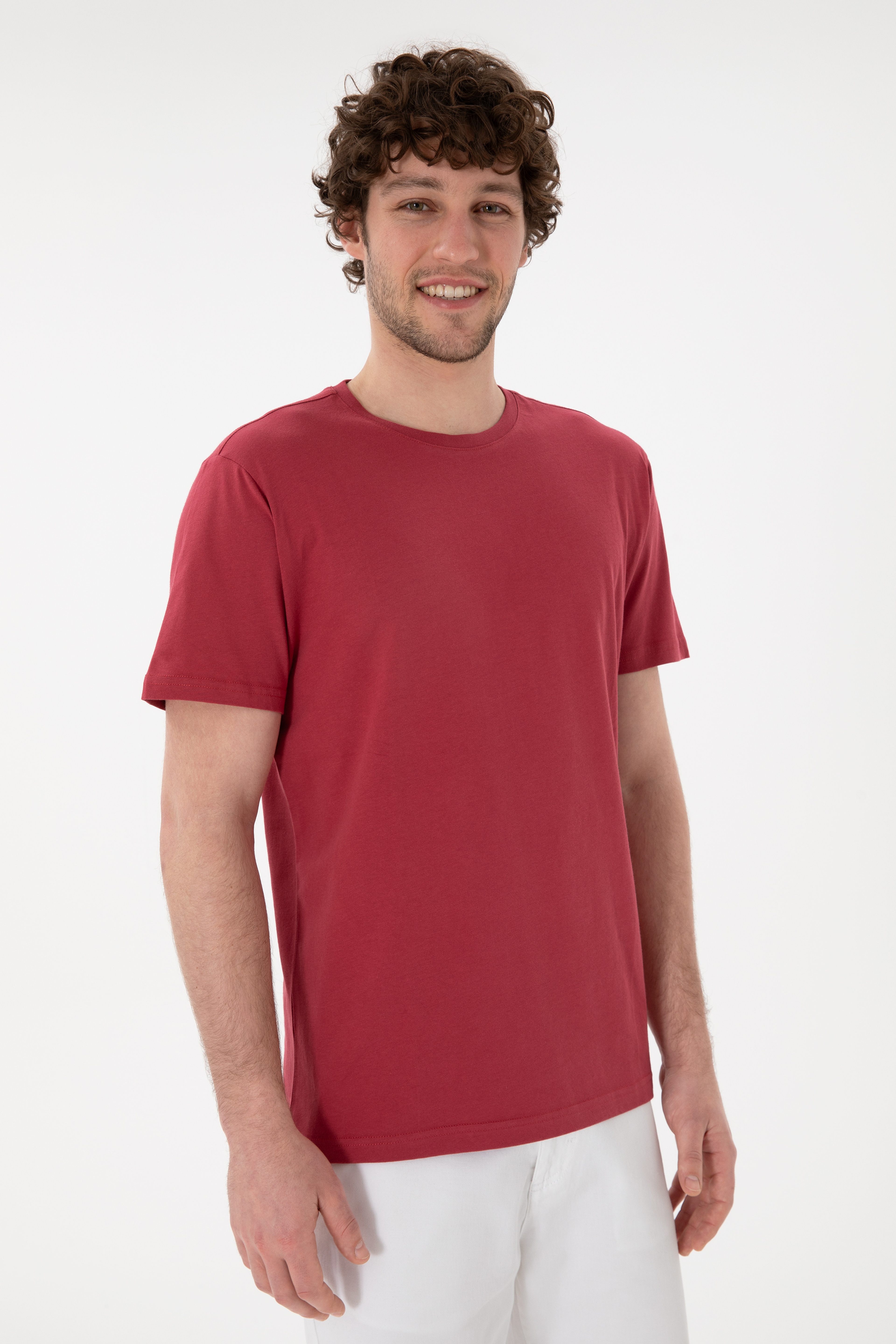 Erkek Regular Fit Bisiklet Yaka Vişne Basic Tişört - Image 4
