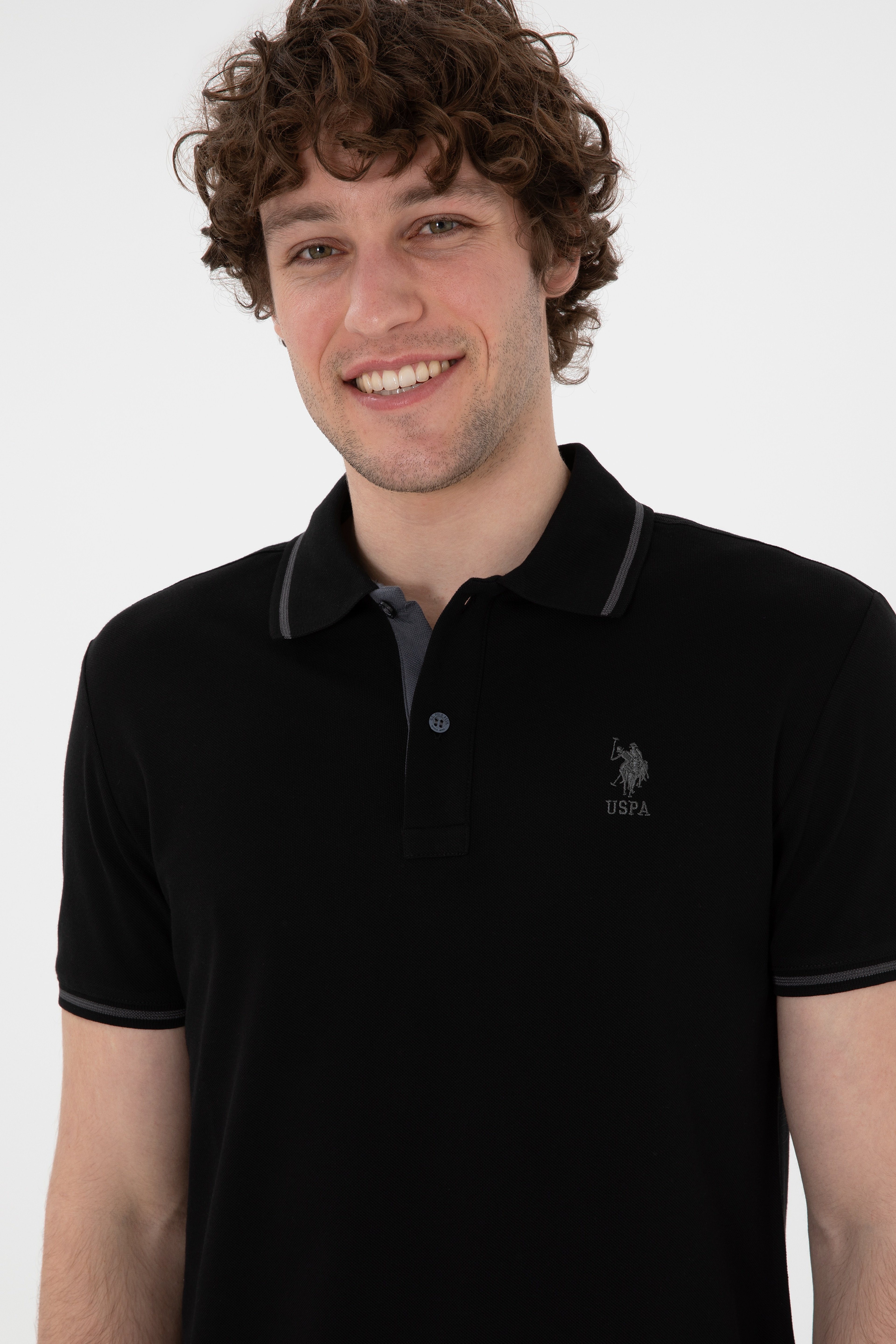Erkek Slim Fit Polo Yaka Siyah Basic Tişört - Image 3