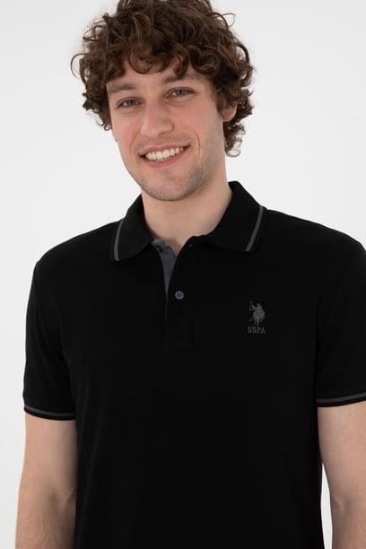 Erkek Slim Fit Polo Yaka Siyah Basic Tişört