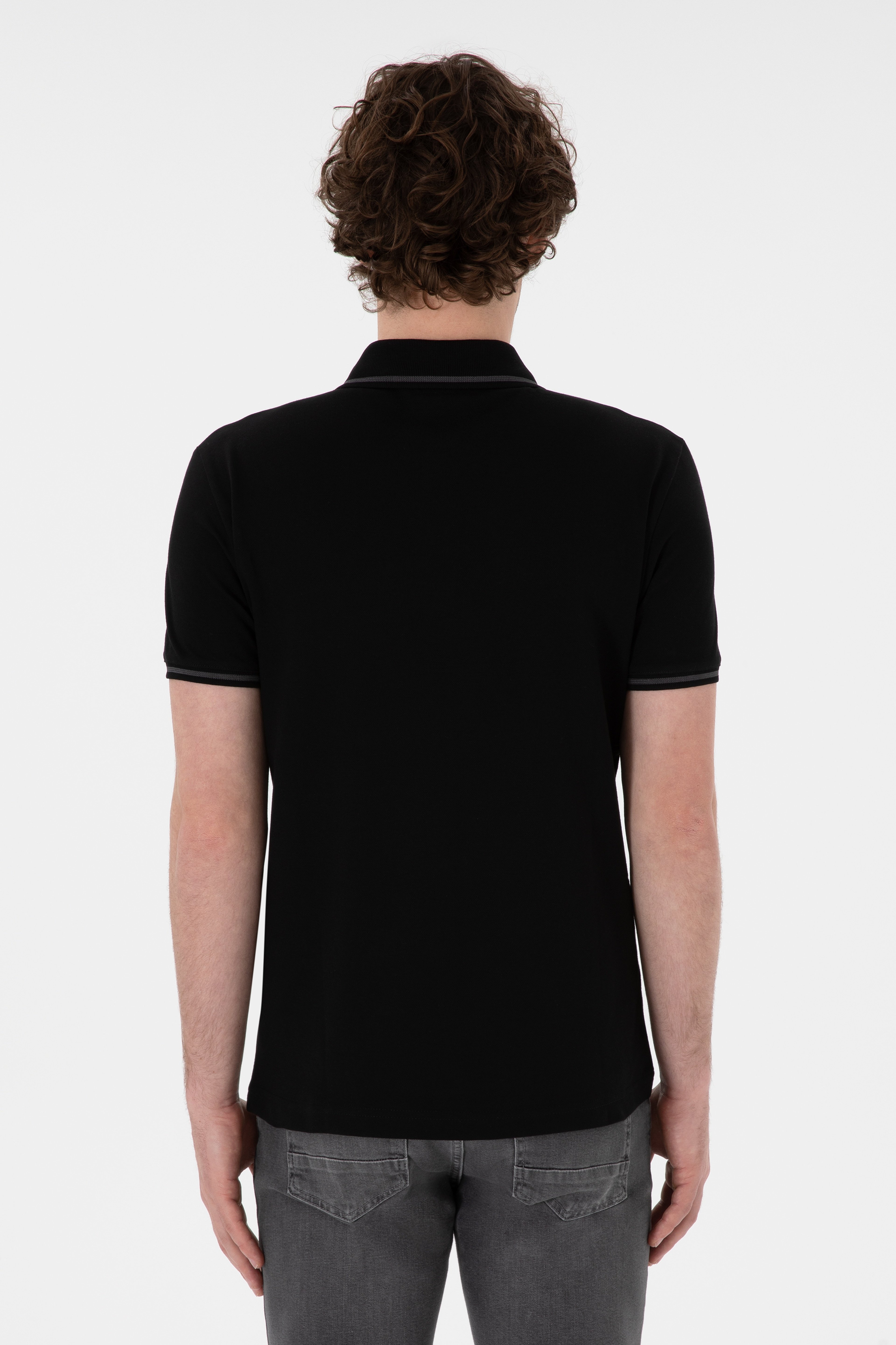 Erkek Slim Fit Polo Yaka Siyah Basic Tişört
