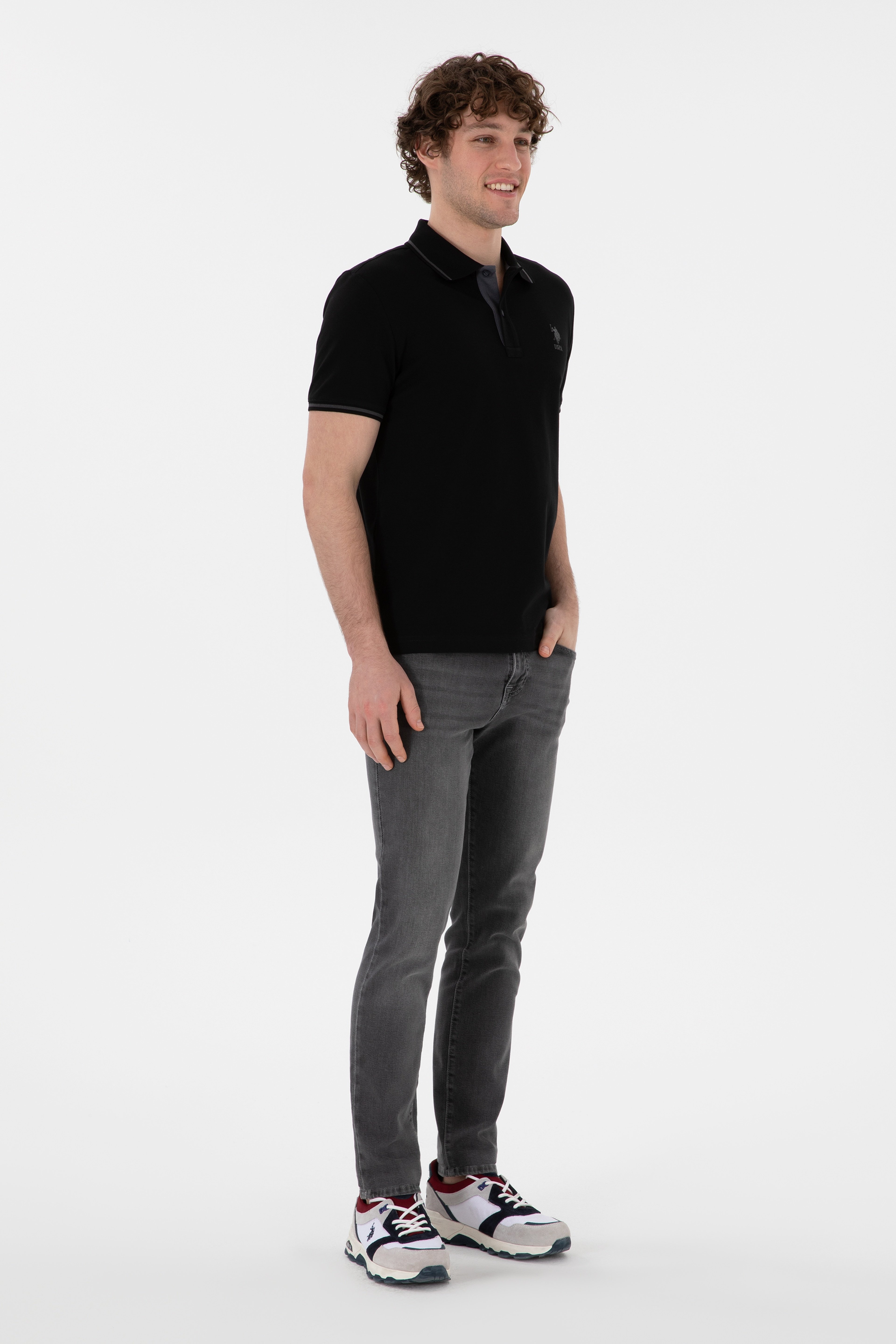 Erkek Slim Fit Polo Yaka Siyah Basic Tişört - Image 5