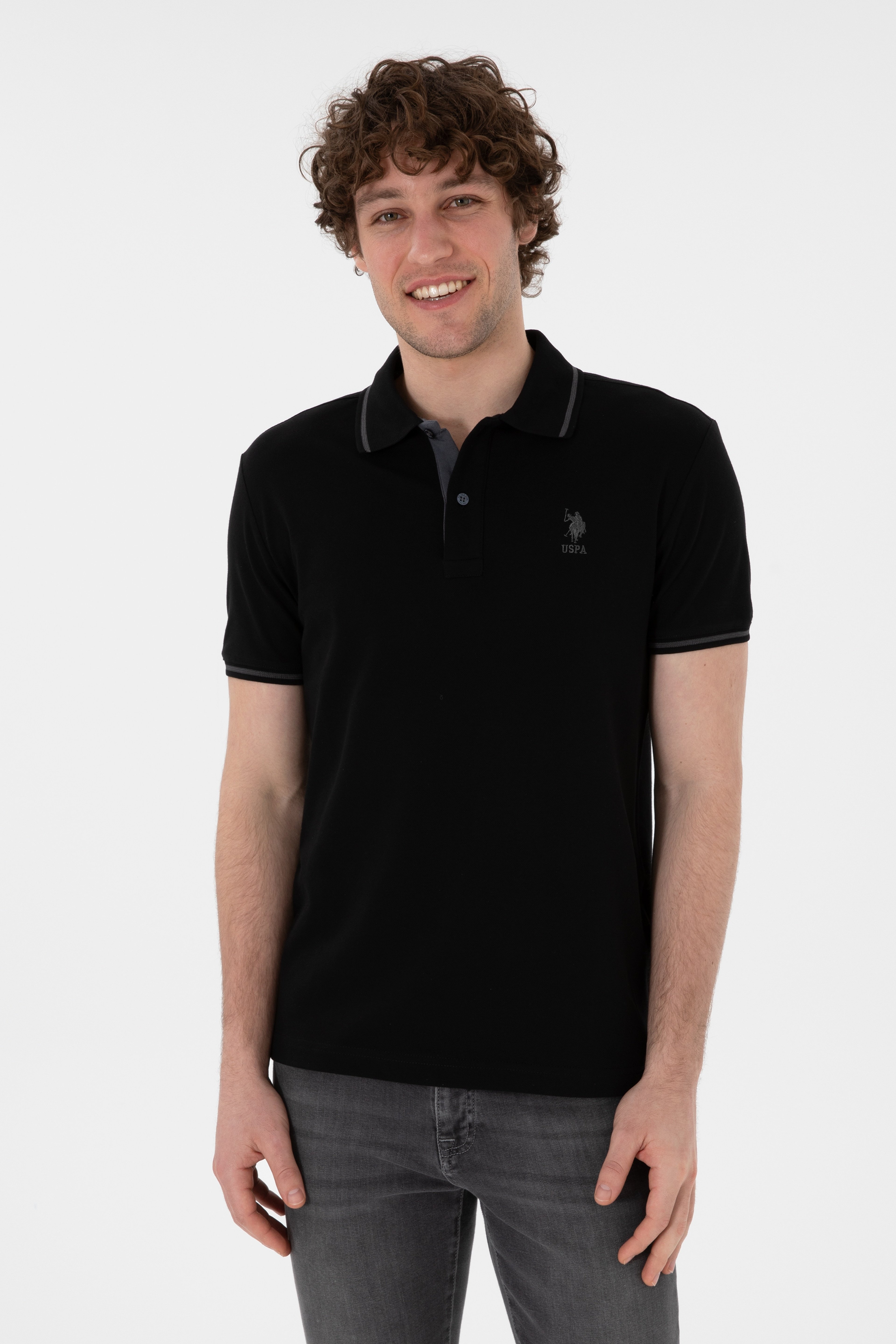 Erkek Slim Fit Polo Yaka Siyah Basic Tişört - Image 2