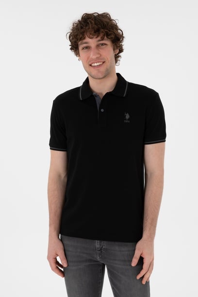 Erkek Slim Fit Polo Yaka Siyah Basic Tişört