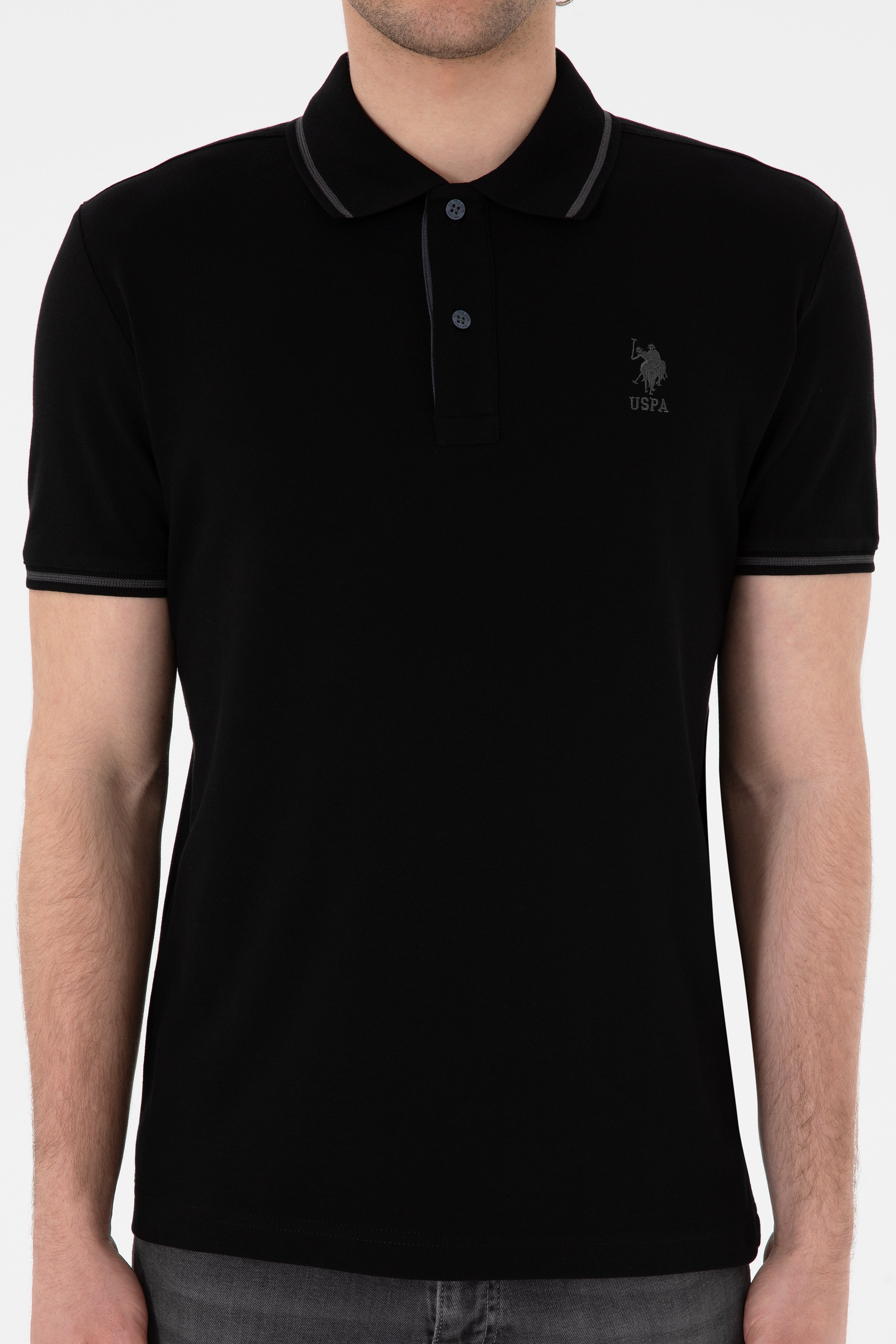 Erkek Slim Fit Polo Yaka Siyah Basic Tişört