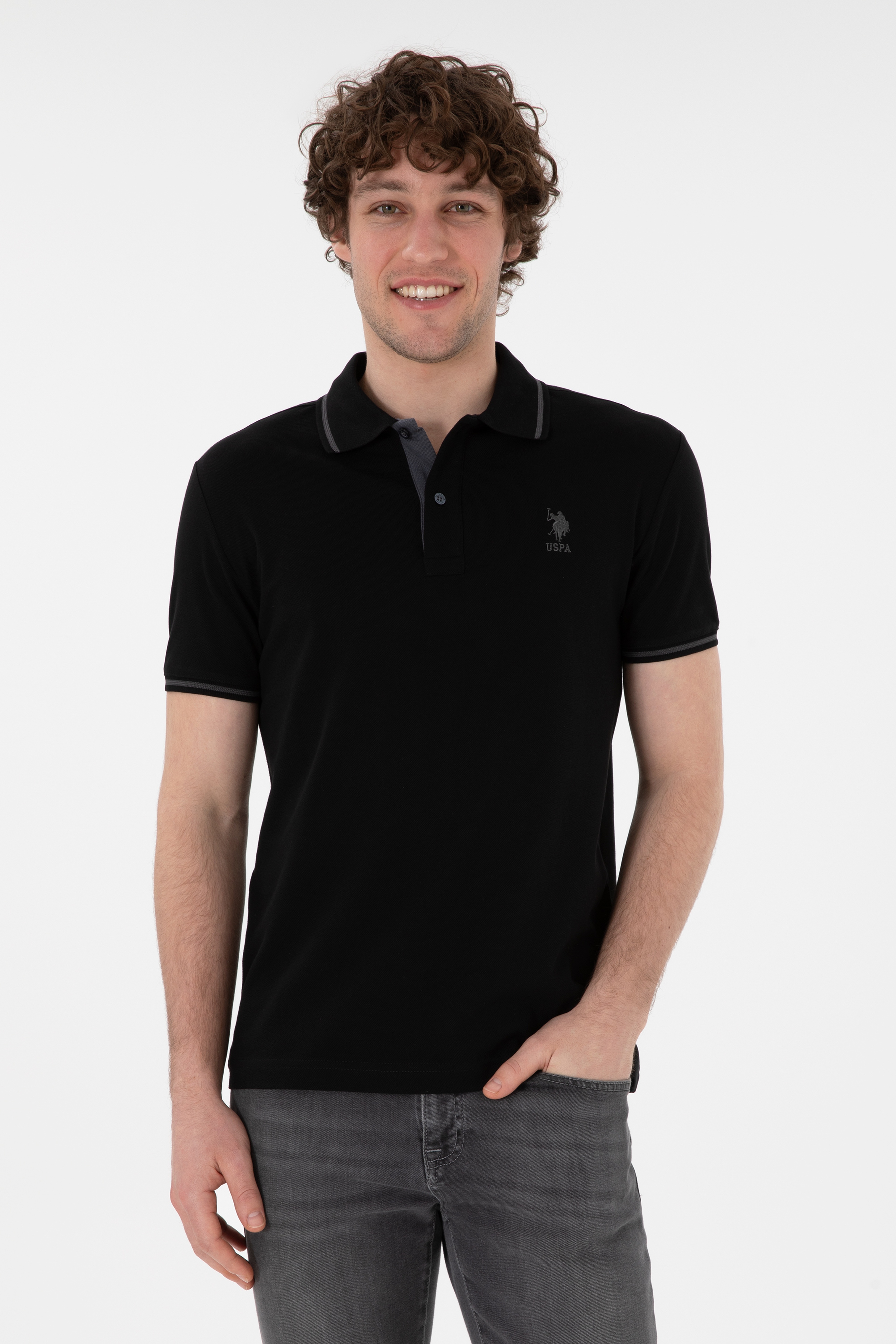 Erkek Slim Fit Polo Yaka Siyah Basic Tişört - Image 1