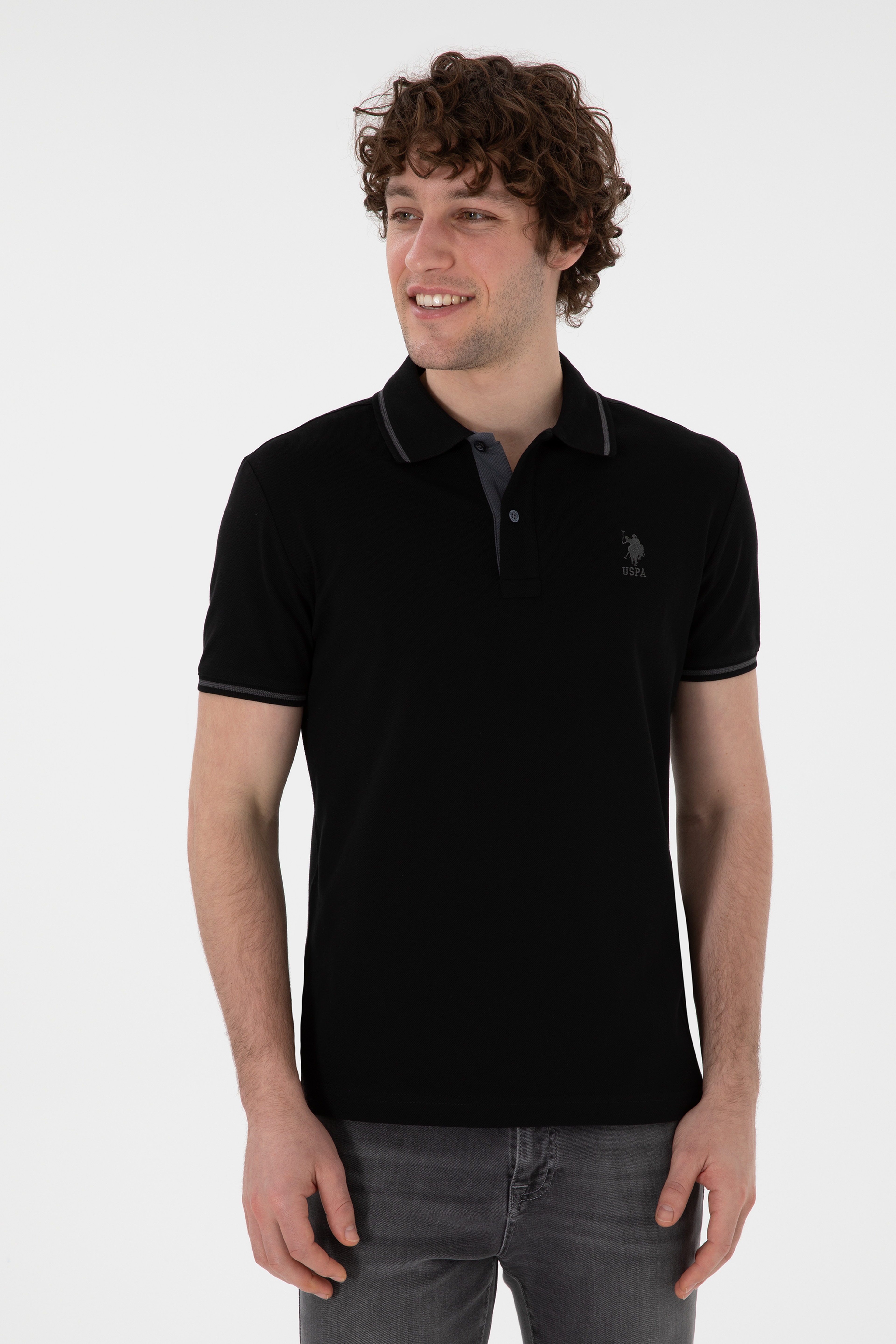 Erkek Slim Fit Polo Yaka Siyah Basic Tişört - Image 4