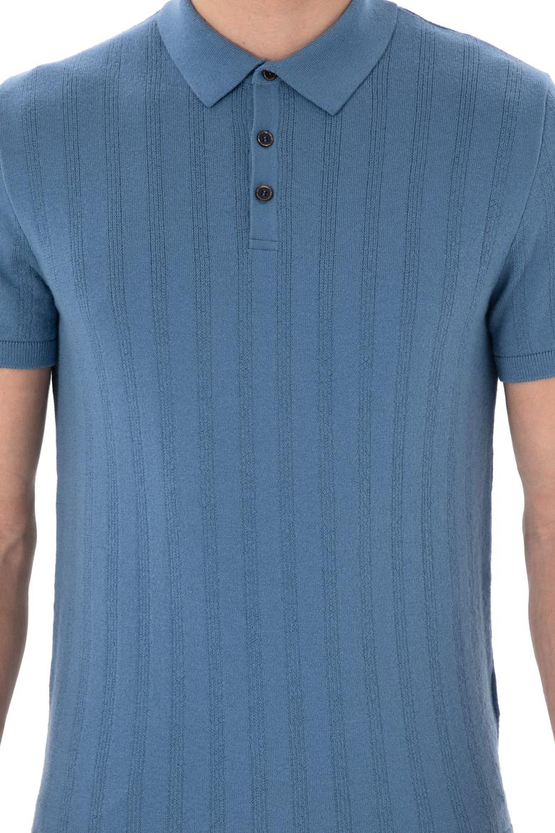 Erkek Slim Fit Polo Yaka Koyu Mavi Triko Tişört - 50306474033
