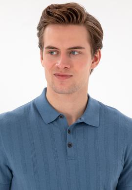 Erkek Slim Fit Polo Yaka Koyu Mavi Triko Tişört - 50306474033