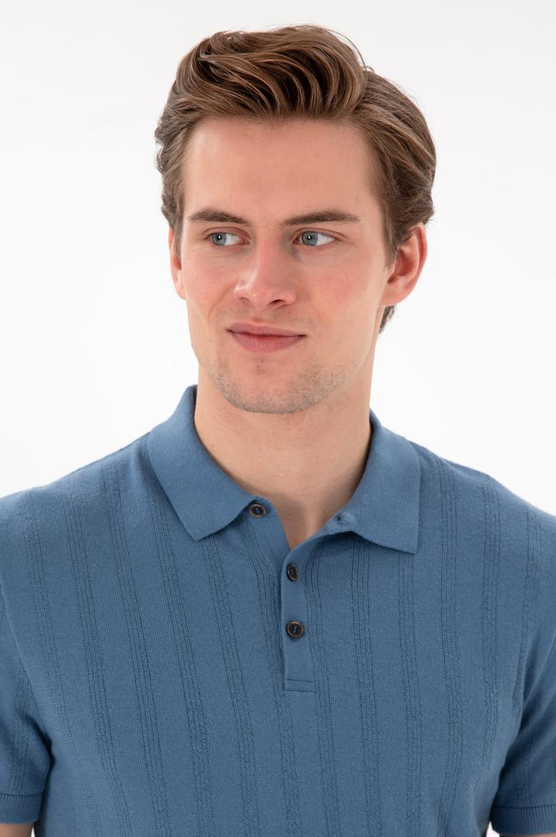 Erkek Slim Fit Polo Yaka Koyu Mavi Triko Tişört