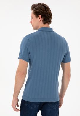 Erkek Slim Fit Polo Yaka Koyu Mavi Triko Tişört - 50306474033