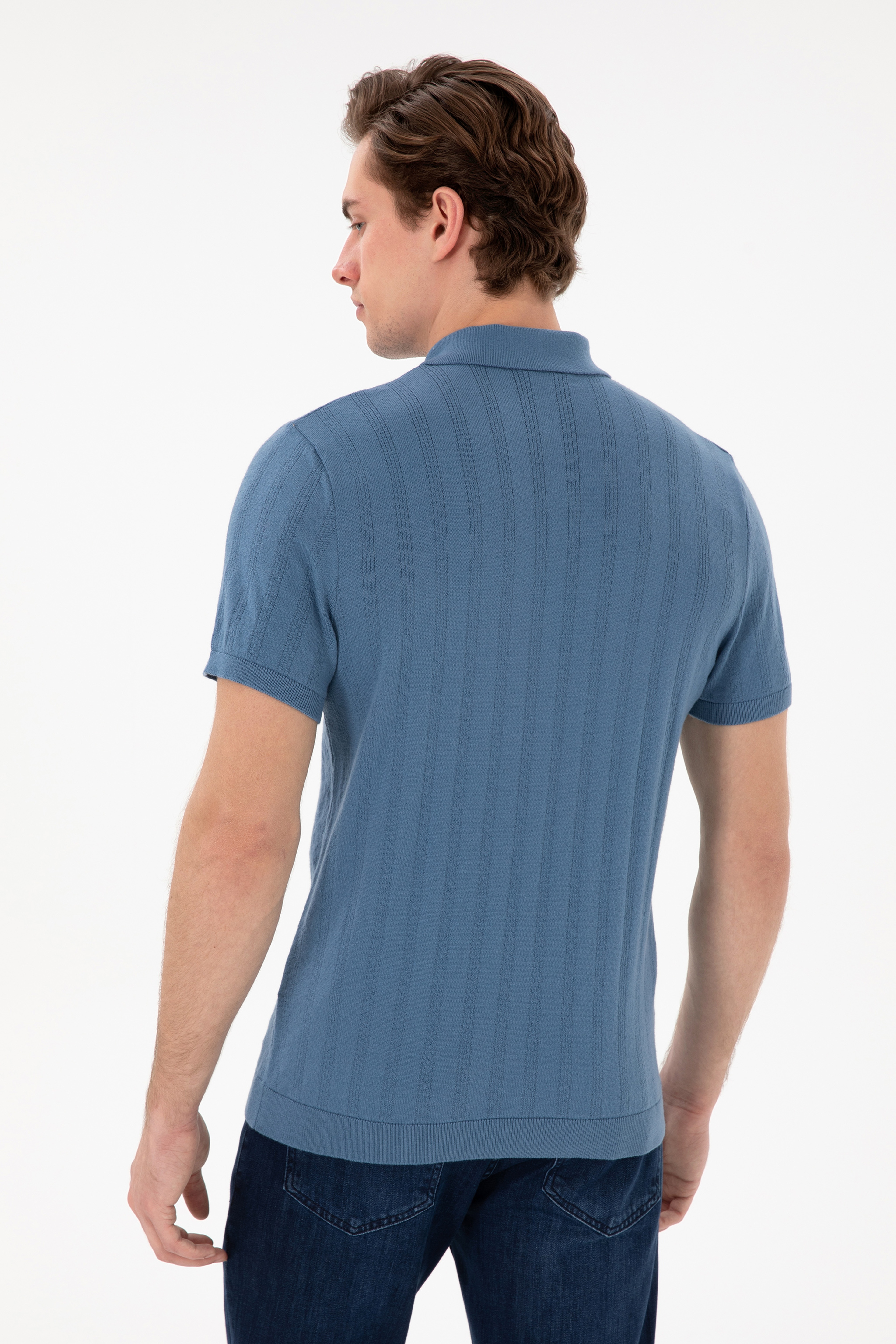 Erkek Slim Fit Polo Yaka Koyu Mavi Triko Tişört - Image 5