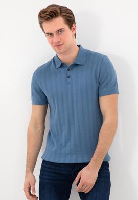Erkek Slim Fit Polo Yaka Koyu Mavi Triko Tişört - 50306474033