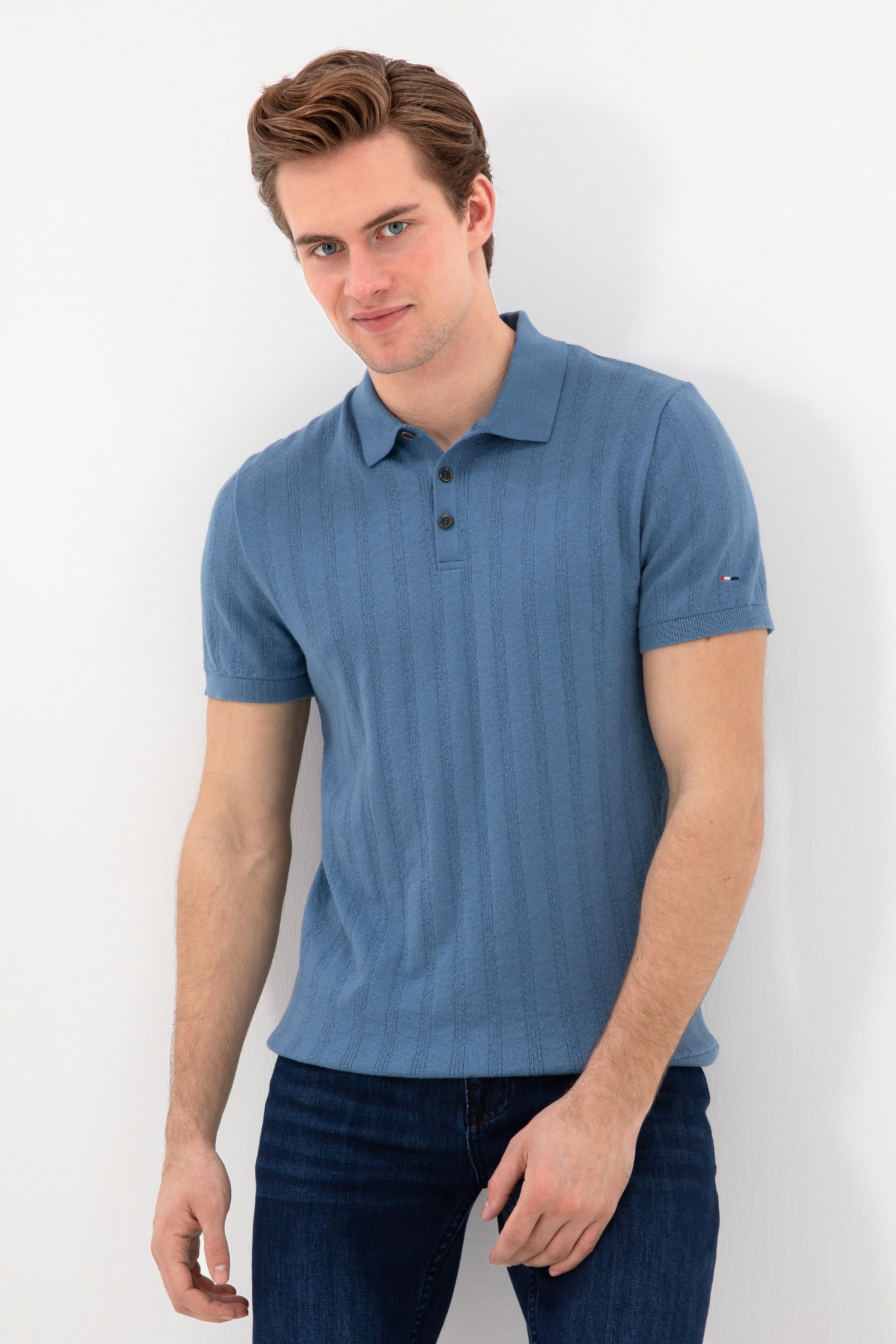 Erkek Slim Fit Polo Yaka Koyu Mavi Triko Tişört - Image 1