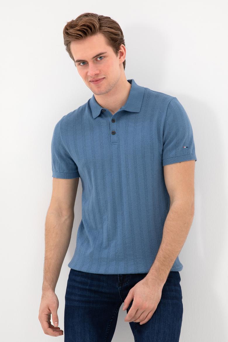 Erkek Slim Fit Polo Yaka Koyu Mavi Triko Tişört