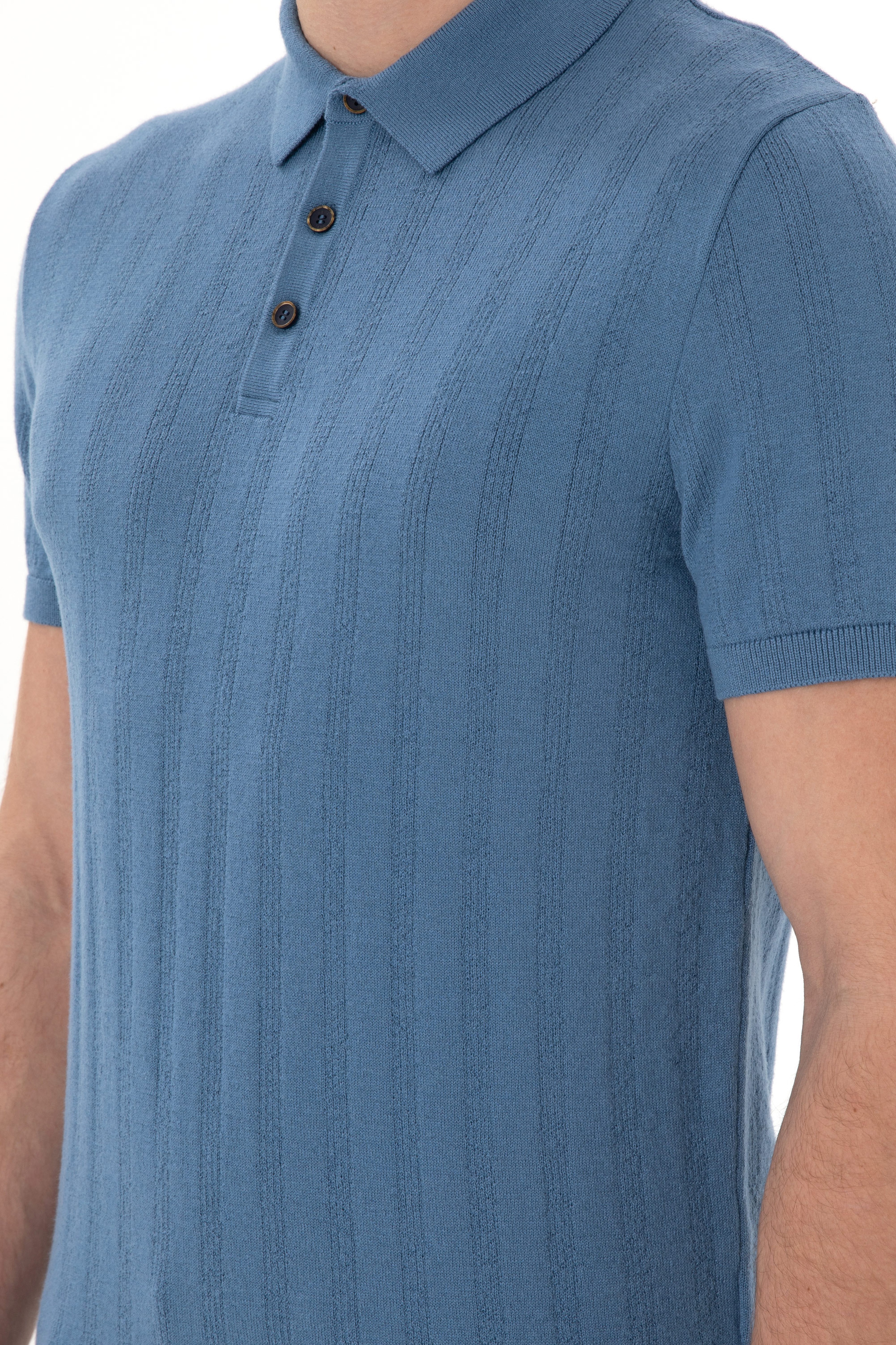 Erkek Slim Fit Polo Yaka Koyu Mavi Triko Tişört - Image 7