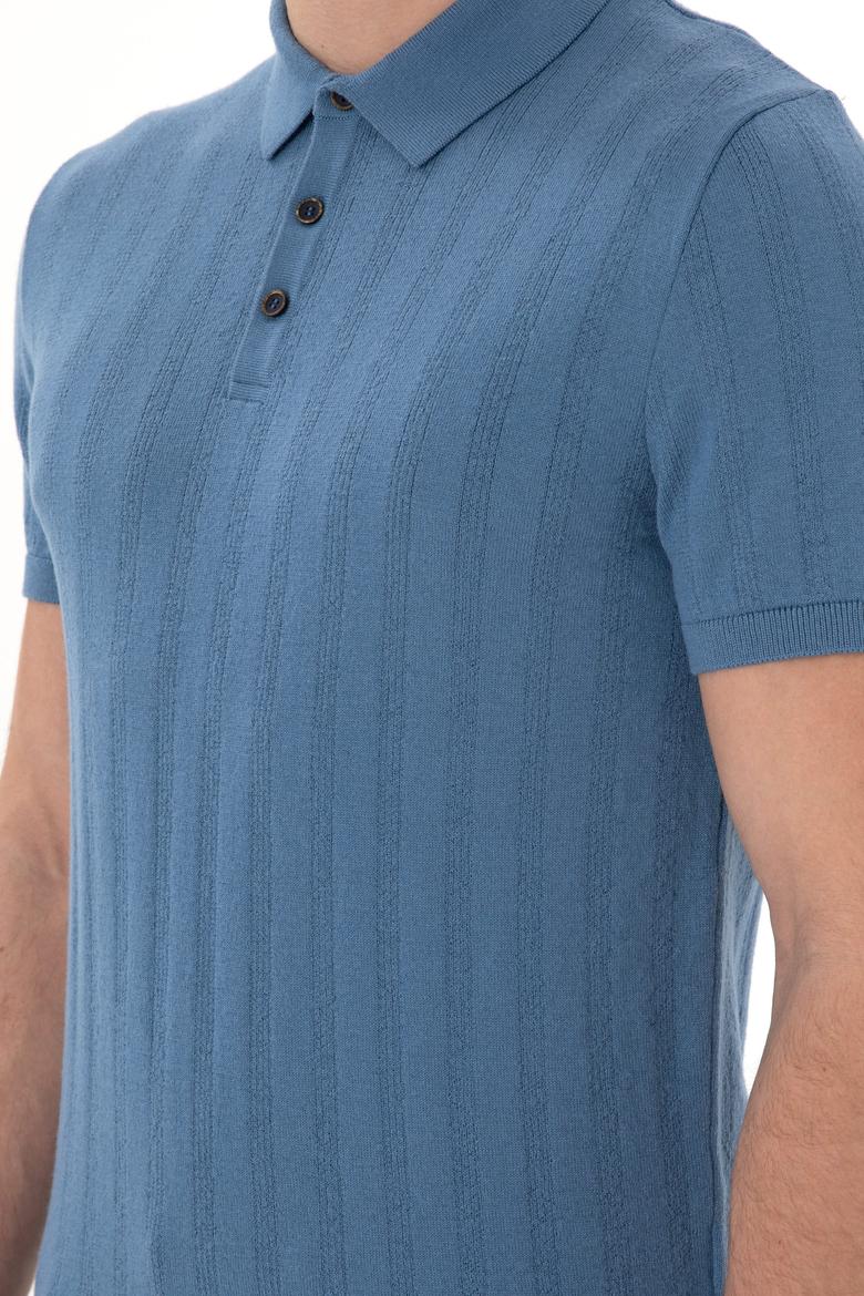 Erkek Slim Fit Polo Yaka Koyu Mavi Triko Tişört - 50306474033