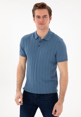 Erkek Slim Fit Polo Yaka Koyu Mavi Triko Tişört - 50306474033