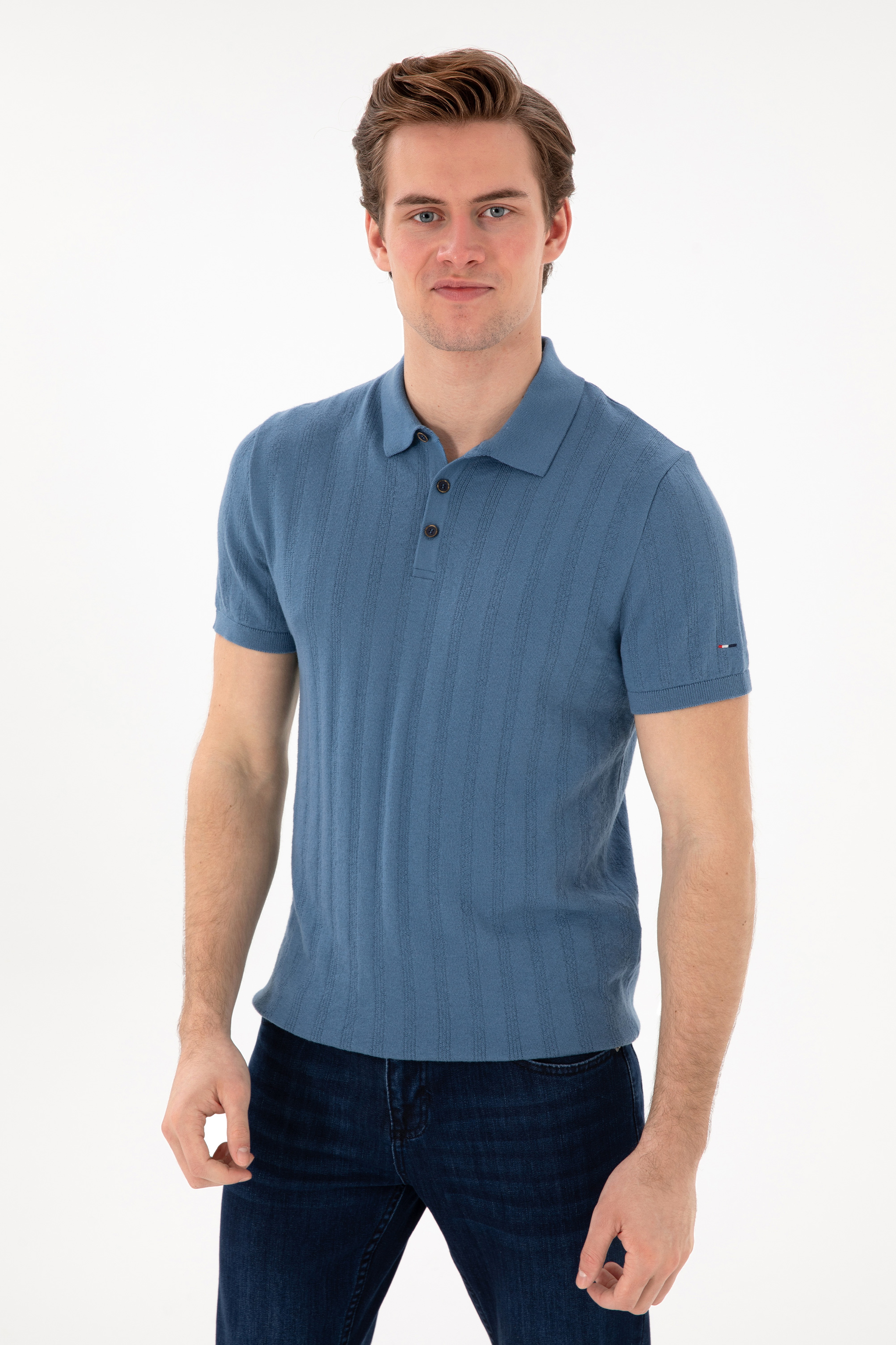 Erkek Slim Fit Polo Yaka Koyu Mavi Triko Tişört - Image 3