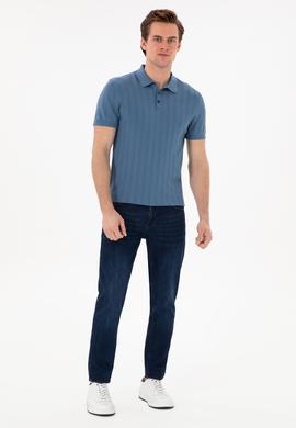 Erkek Slim Fit Polo Yaka Koyu Mavi Triko Tişört - 50306474033