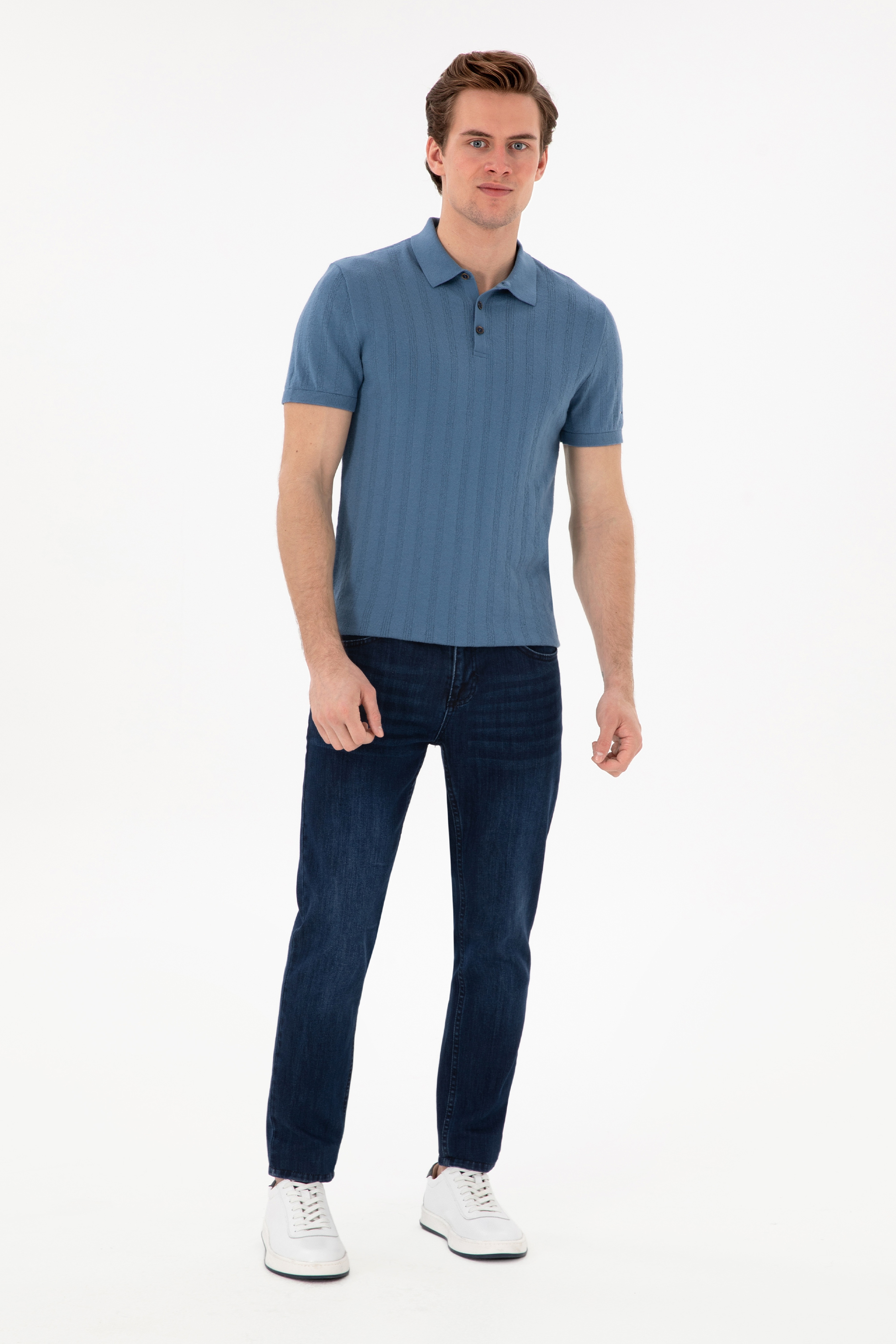 Erkek Slim Fit Polo Yaka Koyu Mavi Triko Tişört - Image 4
