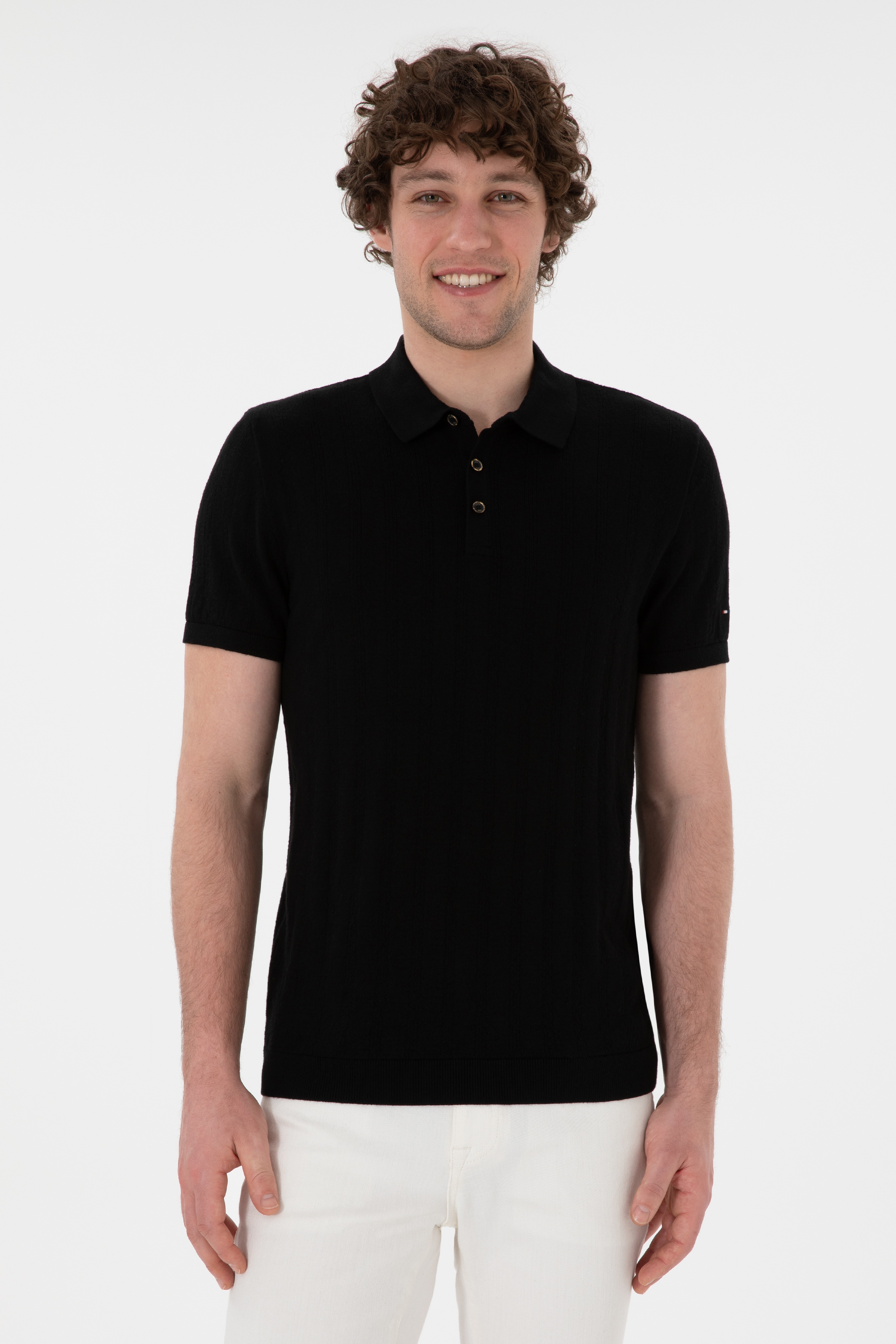 Erkek Slim Fit Polo Yaka Siyah Triko Tişört