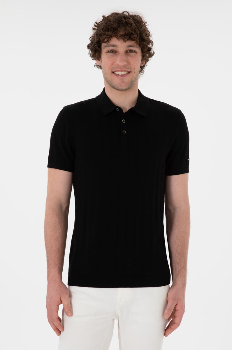 Erkek Slim Fit Polo Yaka Siyah Triko Tişört