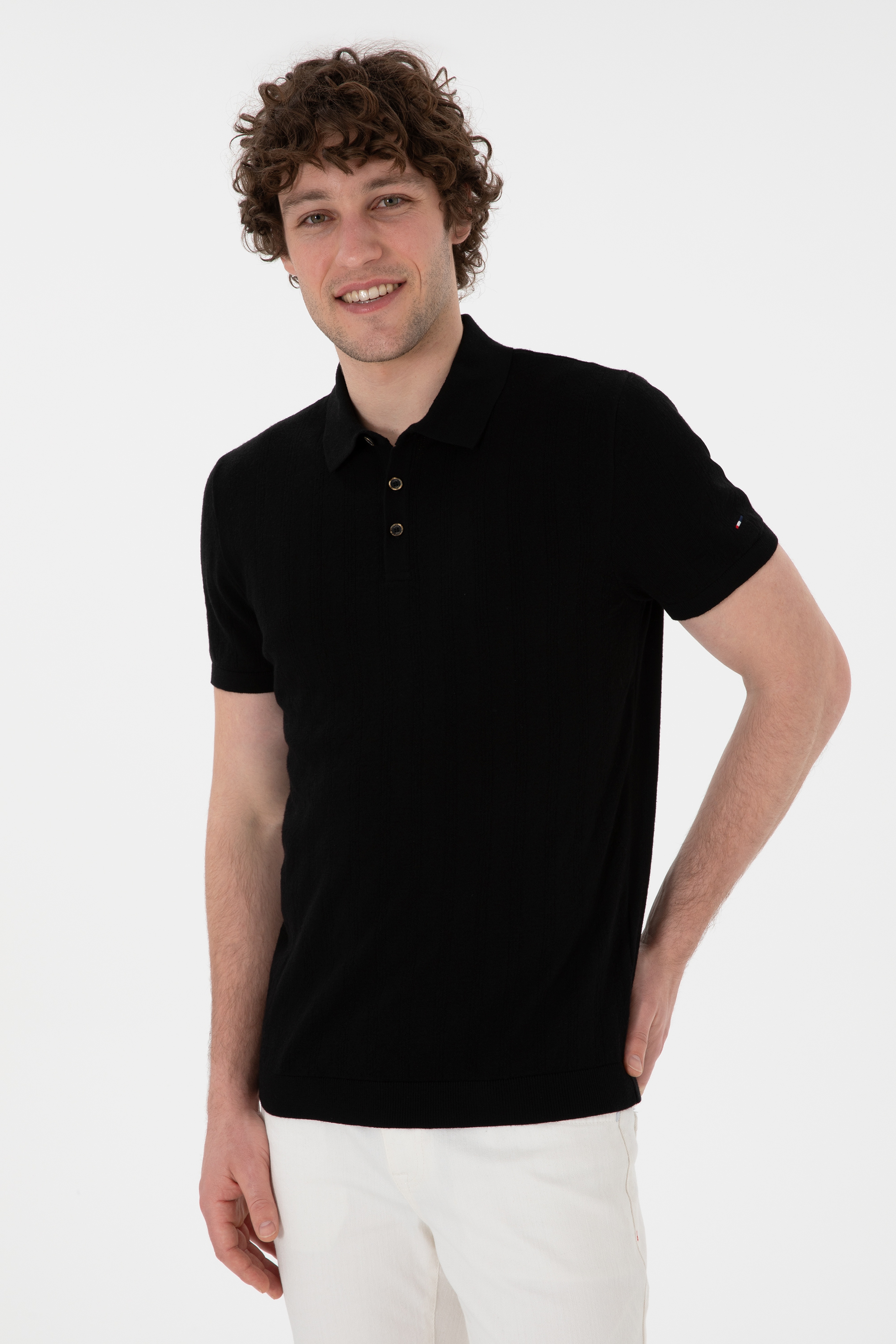 Erkek Slim Fit Polo Yaka Siyah Triko Tişört - Image 3