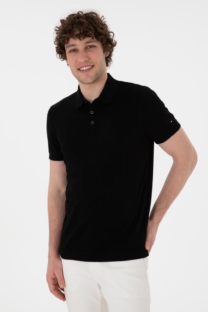 Erkek Slim Fit Polo Yaka Siyah Triko Tişört