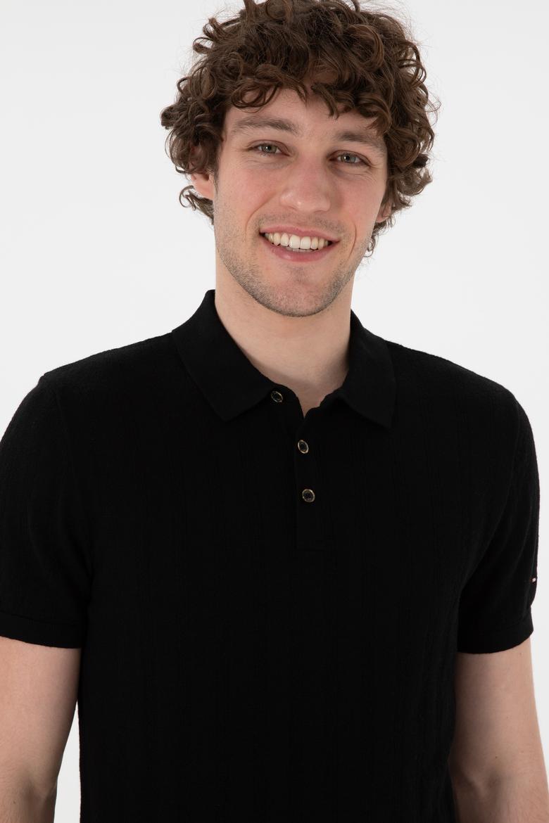 Erkek Slim Fit Polo Yaka Siyah Triko Tişört - 50306474023