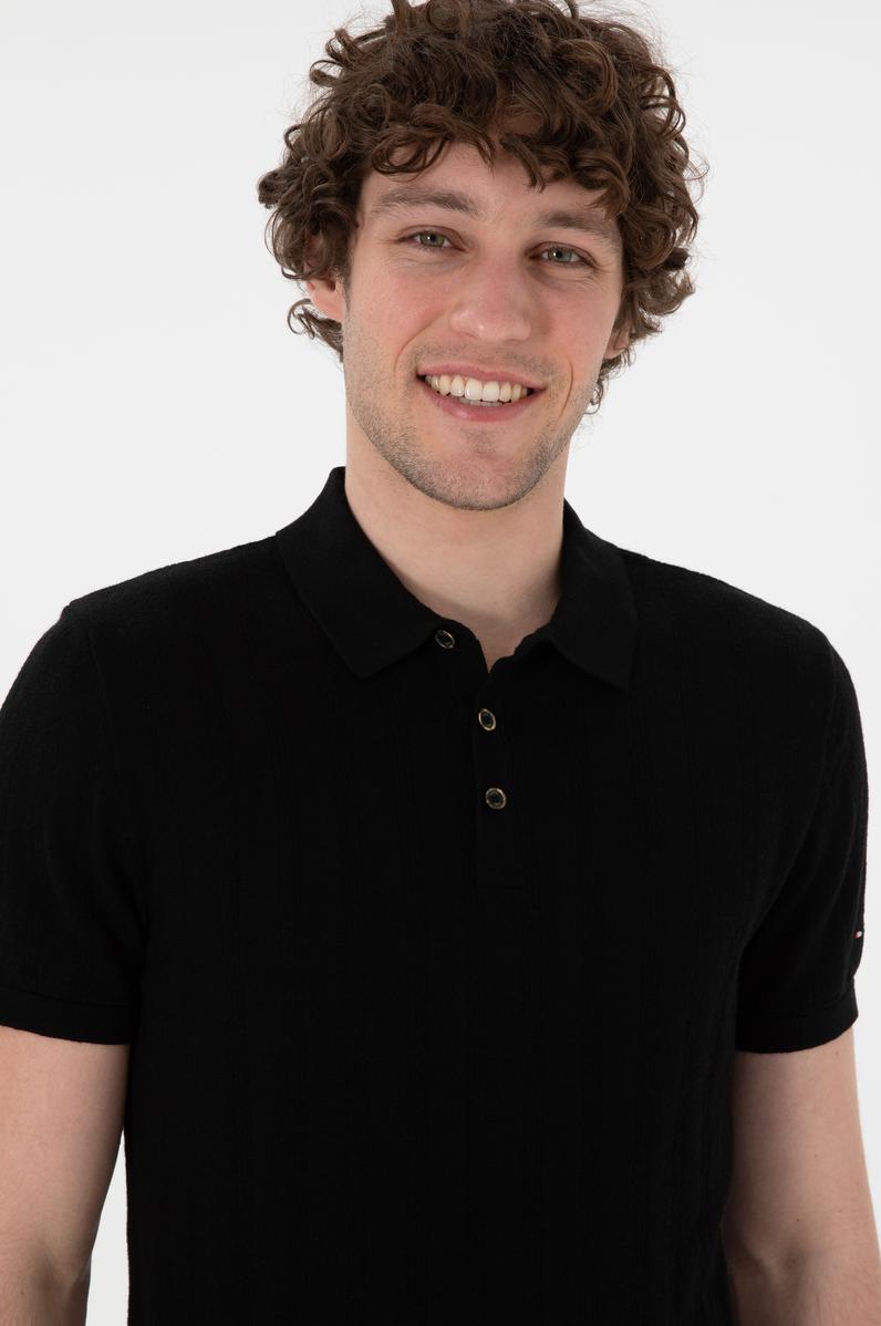 Erkek Slim Fit Polo Yaka Siyah Triko Tişört