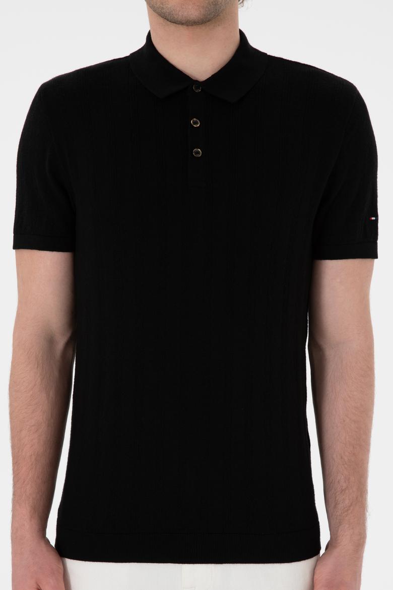 Erkek Slim Fit Polo Yaka Siyah Triko Tişört - 50306474023