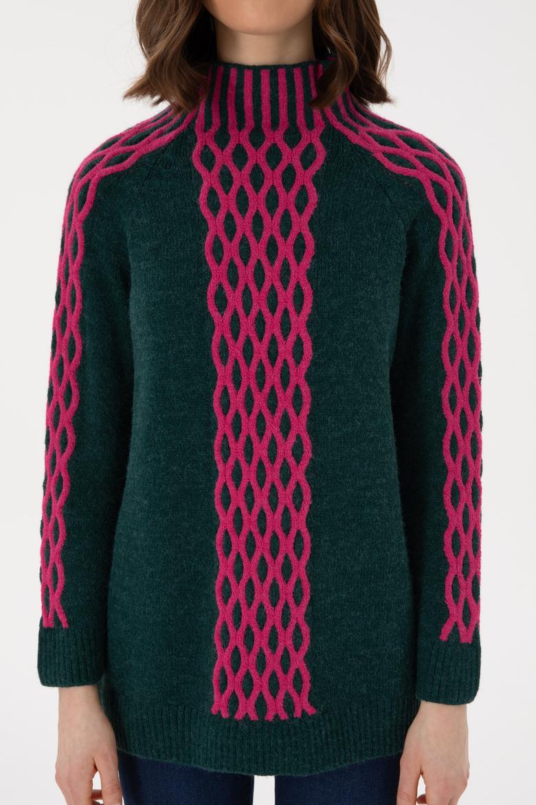 Kadın Koyu Yeşil Bisiklet Yaka Kazak - 50293139021