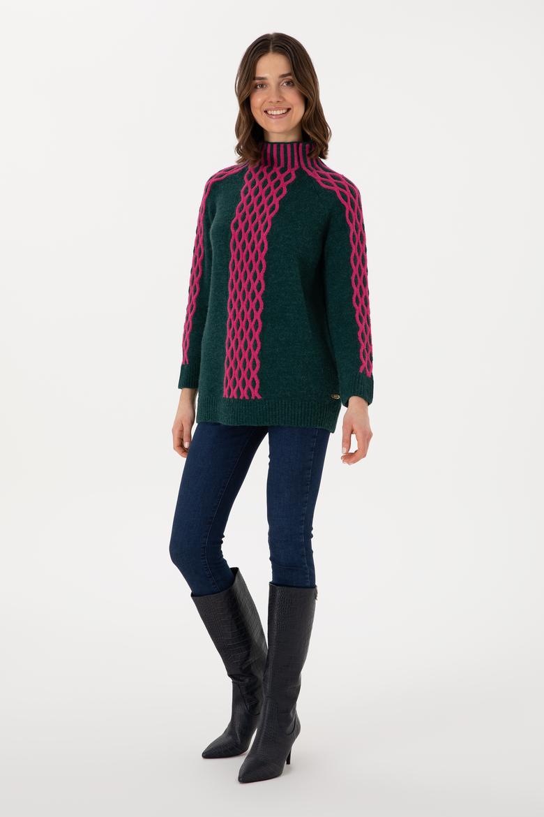 Kadın Koyu Yeşil Bisiklet Yaka Kazak - 50293139021