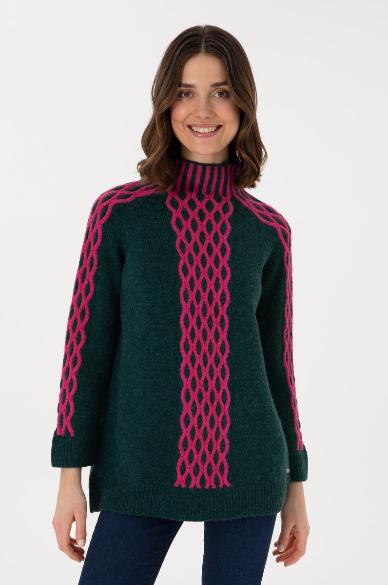 Kadın Koyu Yeşil Bisiklet Yaka Kazak